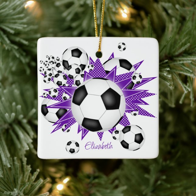soccer balls purple stars girls sports ceramic ornament (Tree)
