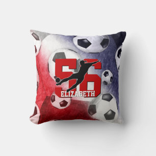 Soccer balls red white blue girl silhouette cushion