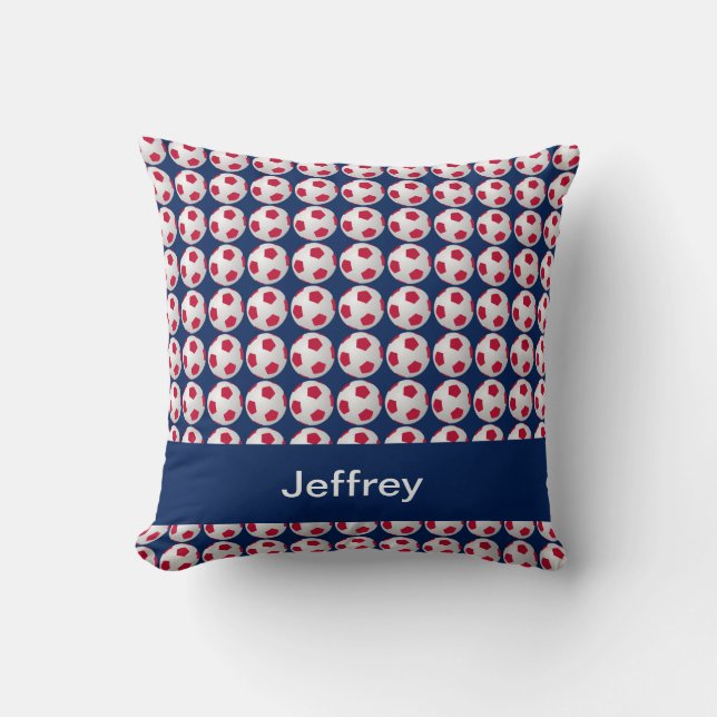 Soccer Balls, Red, White & Blue, Name, Square  Cushion (Front)