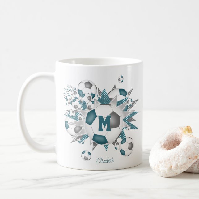 soccer balls stars teal grey her name coffee mug (With Donut)
