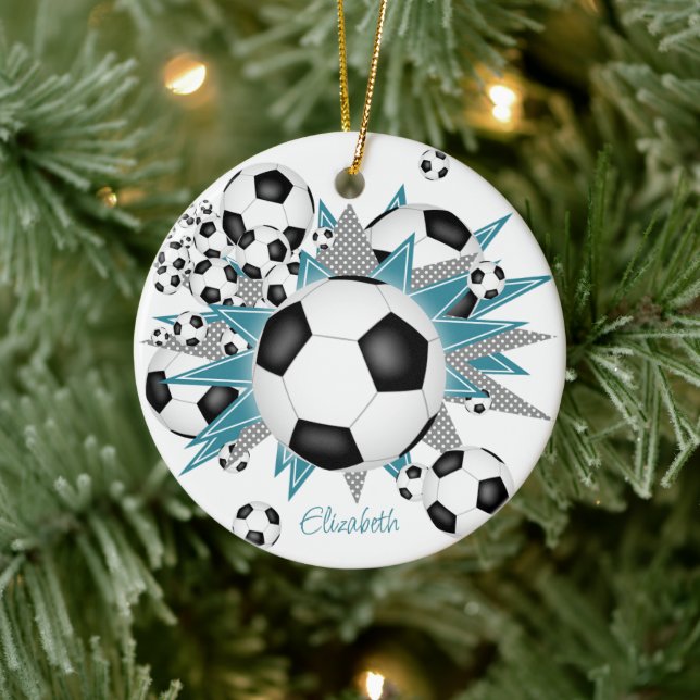 soccer balls teal grey stars girls sports ceramic ornament (Tree)