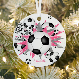 soccer balls w pink grey stars girls keepsake metal tree decoration