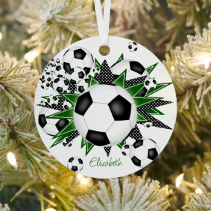soccer balls with green black stars girls sports metal tree decoration