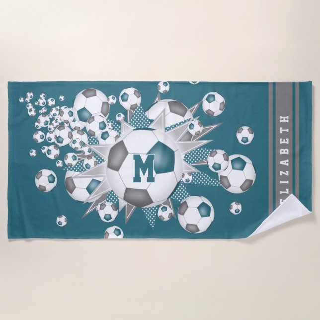 soccer balls with teal grey stars her name beach towel (Front)