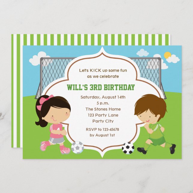 Soccer Birthday Invitation (Boy & Girl) with Goal (Front/Back)