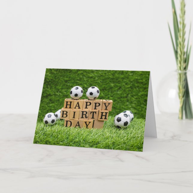 Soccer Birthday with ball and Happy Birthday block Card (Front)