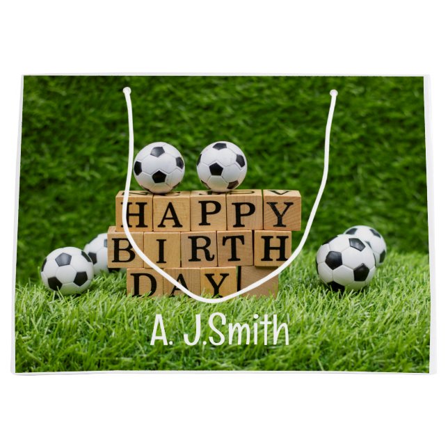 Soccer Birthday with balls on green grass Large Gift Bag (Front)