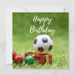 Soccer Birthday with golden box gift on green  Holiday Card