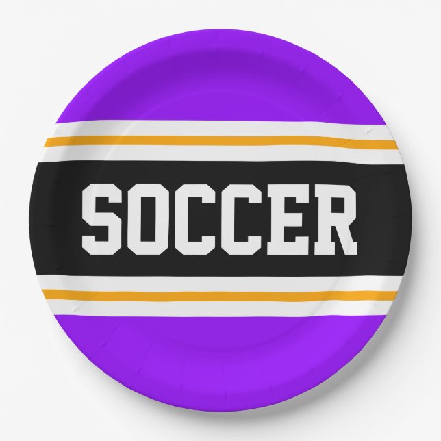 SOCCER Black Bright Purple Yellow Racing Stripes Paper Plate (Front)