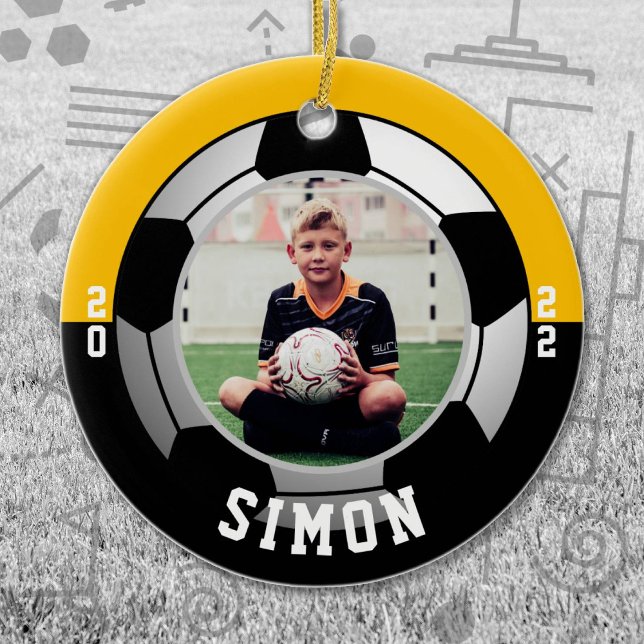 Soccer Black Gold Team Colours Ceramic Ornament (Black and Gold Soccer Let's Go Team Ornament. Celebrate your high school or college athlete.)