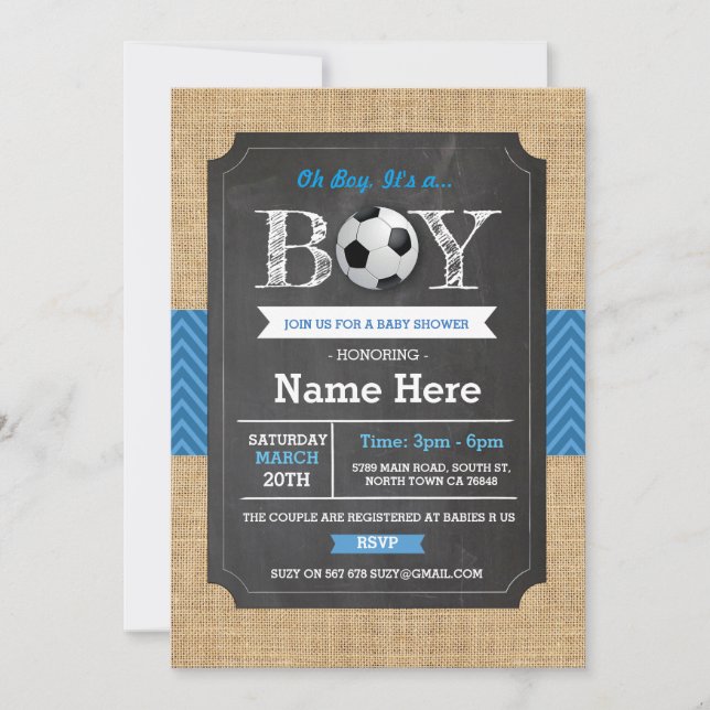 Soccer Blue Boy Baby Shower Football Invite (Front)