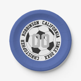 Soccer Blue Modern Add Player Name Number Paper Plate