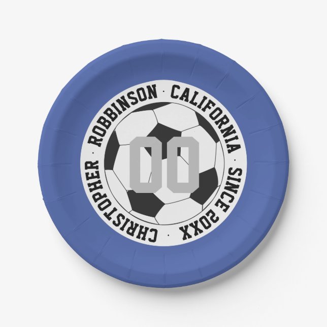 Soccer Blue Modern Add Player Name Number Paper Plate (Front)