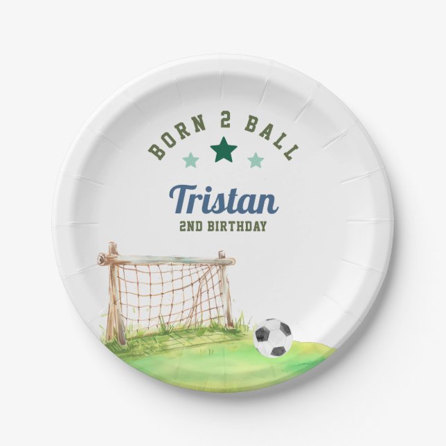 Soccer “Born Two Ball” Second Birthday Paper Plate (Front)