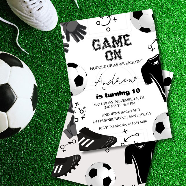 Soccer Boy Birthday Party Invitation (Soccer birthday invitation with bold “Game On” text and sporty design.)