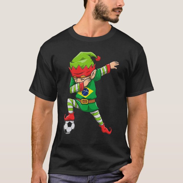 Soccer Boy Dabbing Elf Squad Christmas Brazil Foot T-Shirt (Front)