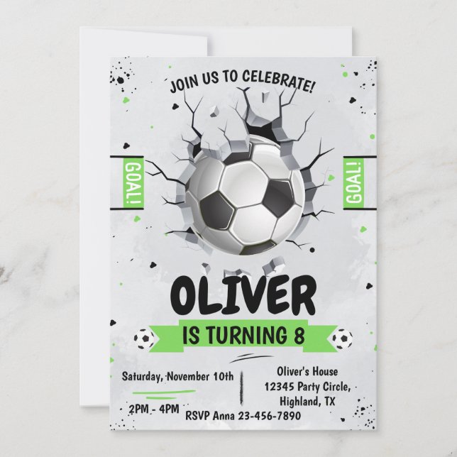 Soccer boy Green Birthday Invitation  (Front)