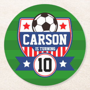 Soccer Boys Football Field Birthday Party Round Paper Coaster