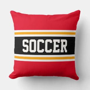 SOCCER Bright Red Yellow Black Athletic Stripes Cushion