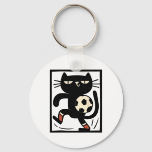 Soccer Cat Illustration – Funny Black Cat Playing  Key Ring