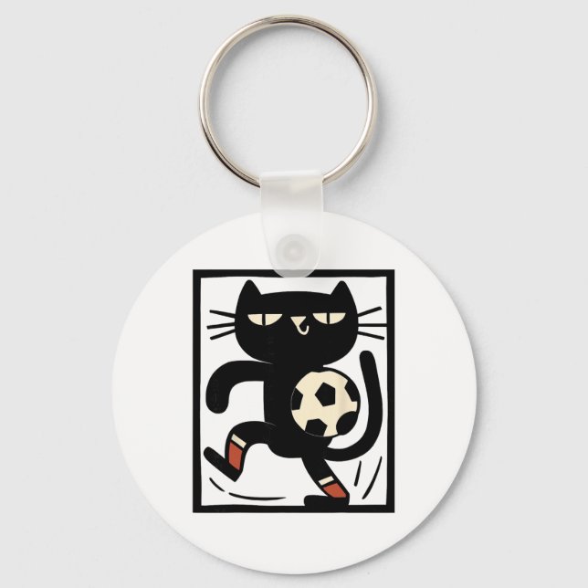 Soccer Cat Illustration – Funny Black Cat Playing  Key Ring (Front)