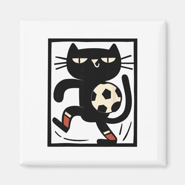 Soccer Cat Illustration – Funny Black Cat Playing  Magnet (Front)