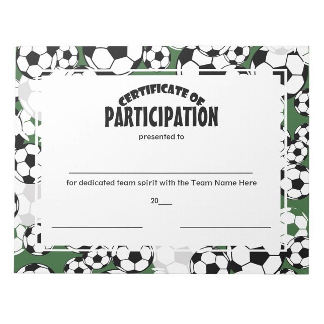 Soccer Certificates of Participation Notepad (Front)