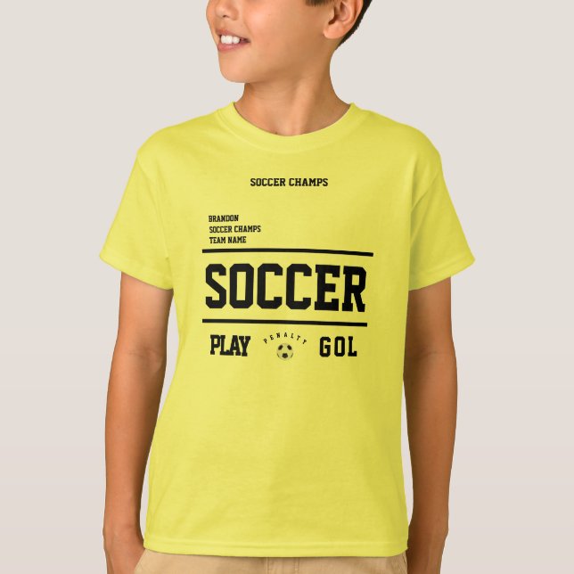 Soccer champs personalised player team kids yellow T-Shirt (Front)