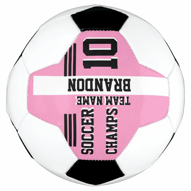 soccer champs pink white personalised sport player soccer ball (Front)