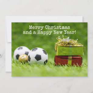 Soccer Christmas Card with ball and gift boxes 