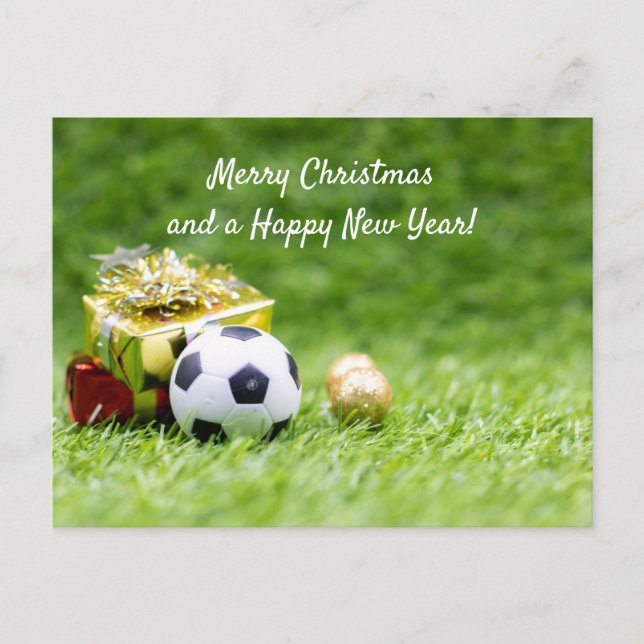 Soccer Christmas Card with ball and gift boxes  (Front)