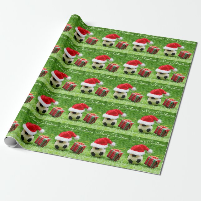 Soccer Christmas Holiday with Santa hat on green   Wrapping Paper (Unrolled)