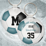 soccer club gift ideas boys girls name teal black key ring<br><div class="desc">This easy-to-personalise soccer keyring features the realistic image of a soccer ball that has teal,  black and white panels,  upon which you can customise the athlete's name,  jersey number,  team & mascot name and year on the front and monogram or varsity letter on the back  - by katz_d_zynes</div>