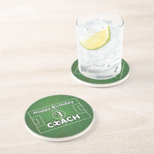 Soccer Coach Birthday with Grass Field and Ball Coaster
