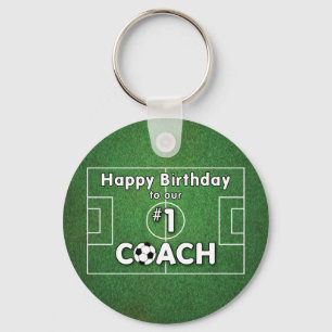 Soccer Coach Birthday with Grass Field and Ball Key Ring