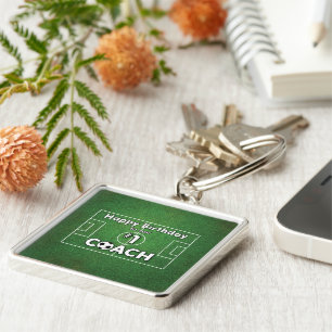 Soccer Coach Birthday with Grass Field and Ball Key Ring