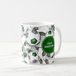soccer coach gift w custom name green grey coffee mug