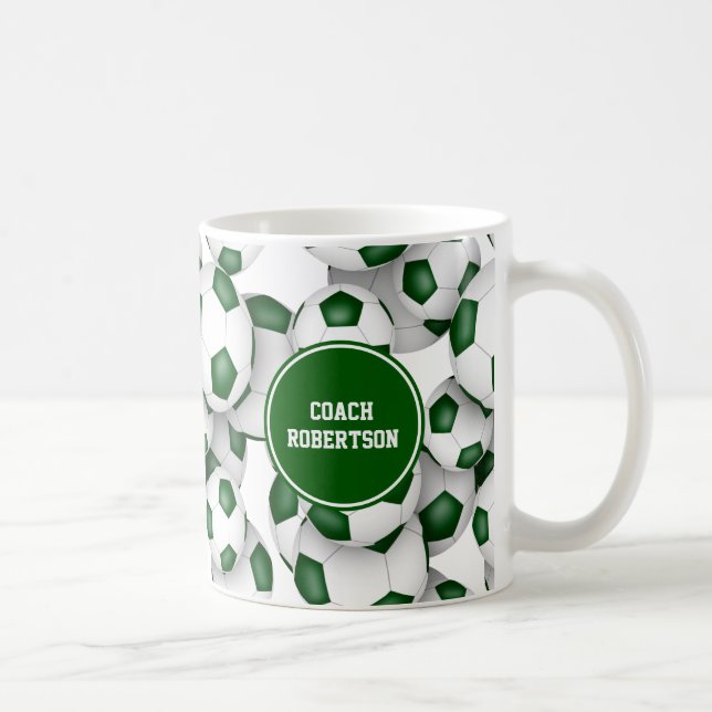 soccer coach gift w custom name green white coffee mug (Right)
