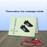 Soccer coach modern sports thank you card<br><div class="desc">This card has a pair of soccer shoes on the front and the message "THANK YOU COACH", with a soccer ball taking the place of the 'O' in YOU and COACH. The background is a pale green. Inside there is a soccer ball and the text is "We couldn't do it...</div>