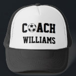 Soccer Coach Personalised Trucker Hat<br><div class="desc">Great looking gift for soccer coach. Framed by a black and white net with red bands, the word "COACH" is in easy-to-read collegiate style font with the ")" replaced with a soccer ball. All you have to do is personalise with name and and you have one PERFECT gift that any...</div>
