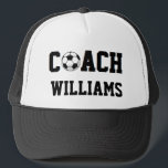 Soccer Coach Personalised Trucker Hat<br><div class="desc">Great looking gift for soccer coach. Framed by a black and white net with red bands, the word "COACH" is in easy-to-read collegiate style font with the ")" replaced with a soccer ball. All you have to do is personalise with name and and you have one PERFECT gift that any...</div>