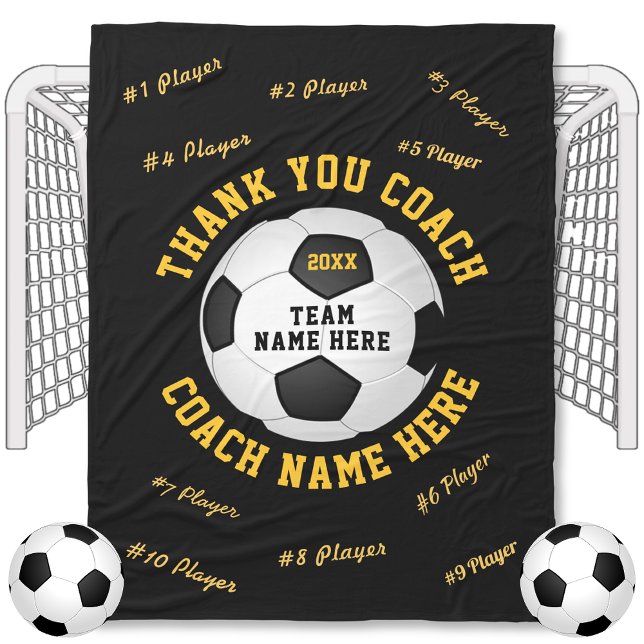 Soccer Coach Present in Your Colours Soccer Blanke Fleece Blanket (Black and Gold, Personalized, Gifts for Soccer Coaches. Soccer Coach gifts with all Players Names.)