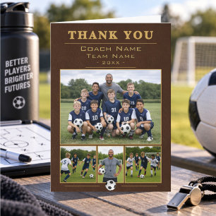 Soccer Coach Team Faux Leather 4 Photo Collage Thank You Card