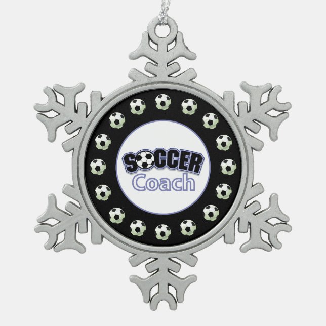 Soccer Coach Thank You, Balls Snowflake Pewter Christmas Ornament (Front)