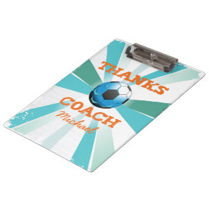 Soccer Coach Thanks, Orange on Teal, Blue Starburs Clipboard