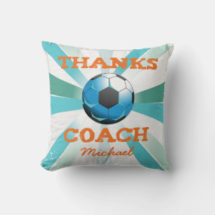 Soccer Coach Thanks, Orange on Teal, Blue Starburs Cushion