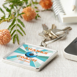 Soccer Coach Thanks, Orange on Teal, Blue Starburs Key Ring