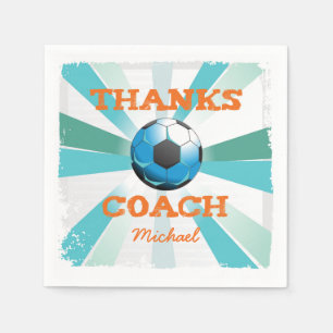 Soccer Coach Thanks, Orange on Teal, Blue Starburs Napkin