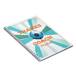 Soccer Coach Thanks, Orange on Teal, Blue Starburs Notebook