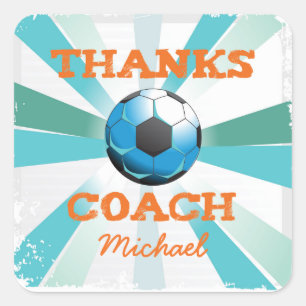 Soccer Coach Thanks, Orange on Teal, Blue Starburs Square Sticker
